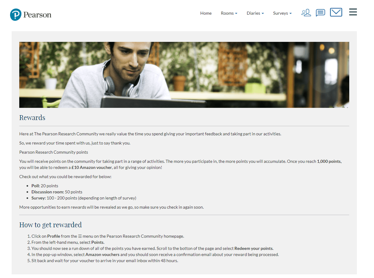 Pearson Research Community Rewards page screenshot